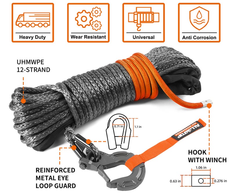 ALL-TOP Synthetic Winch Rope w/Hook & Isolator, 1/4in x 50ft, 9500Lbs UHMWPE Cable Replace Kit, Forged Hook & Rubber Stopper & Safety Pull Strap - Image 3